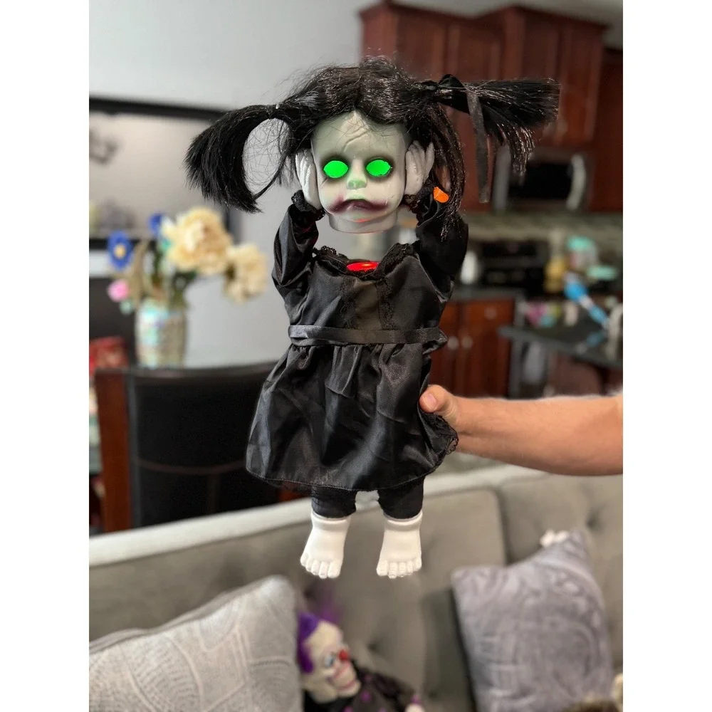 Spooky‎ Animated Doll Creepy Girl Glowing Eyes Black Dress talks